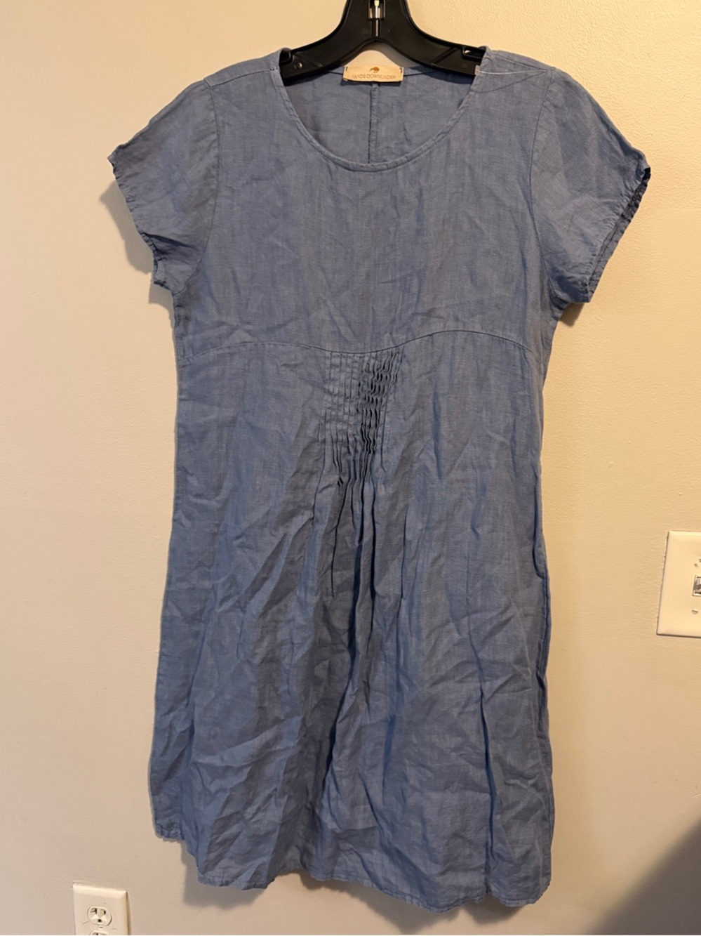 Blue Chambray Short Sleeve Dress with Pintuck Front